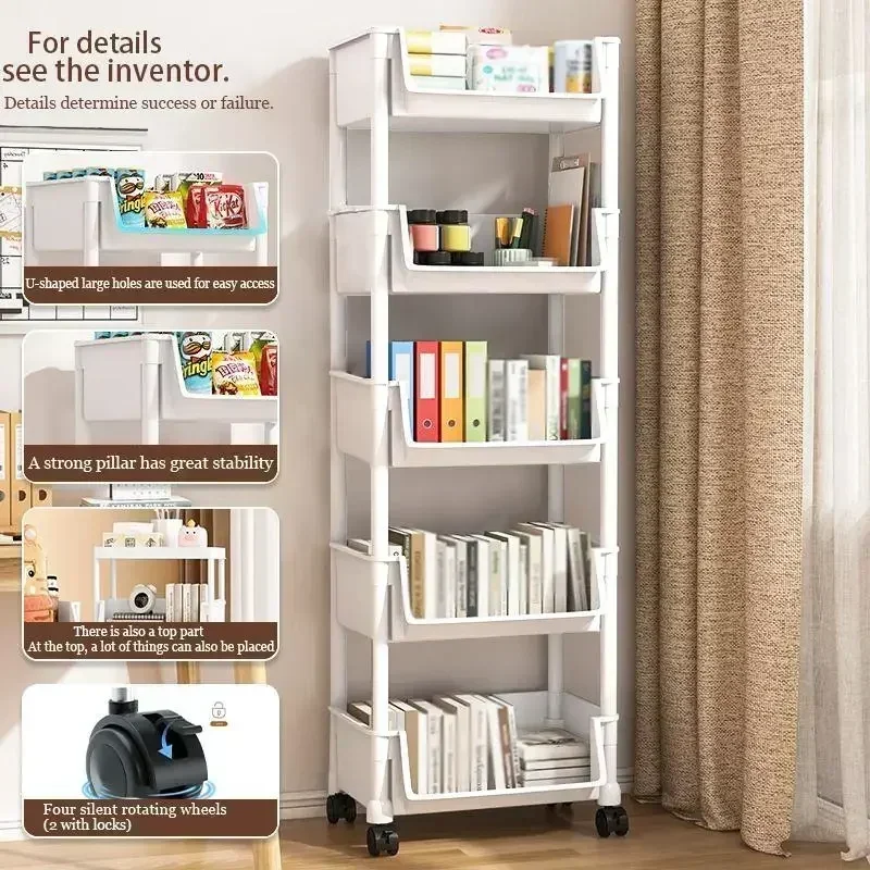 Book Cart Rolling - 5段式ローリング収納カート（車輪付き）、プラスチック製モバイルユーティリティオーガナイザーラック、自立型省スペース棚ユニット、キッチン、バスルーム、寝室、書籍、家庭用収納に最適（35x26.5x125cm）