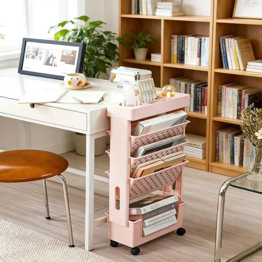 Book Cart Rolling - 5段式ローリング収納カート（穴あき棚付き）-本、ファイル、雑誌用のプラスチック製スタッカブルオーガナイザー（車輪付き）