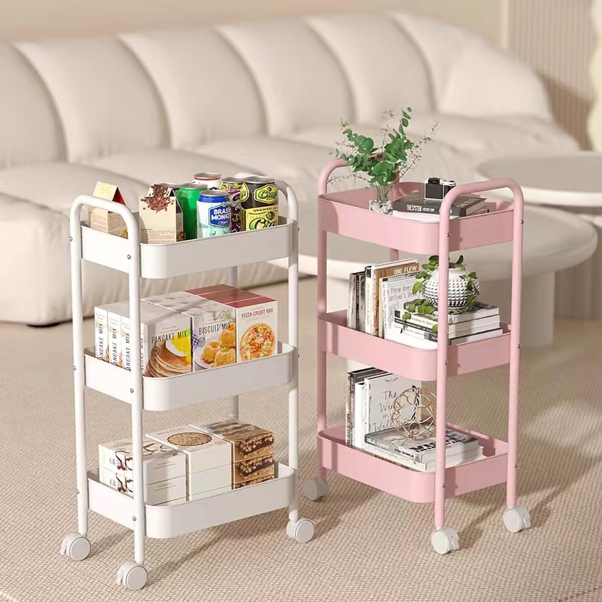 Book Cart Rolling - 3段式ローリング収納カート、頑丈な金属メッシュオーガナイザーラック、ロック可能な車輪付き、耐荷重30KG、多機能ユーティリティトロリー、キッチン、バスルーム、オフィス、ガレージ、書籍、工具用、ピンク、ホームデコレーション
