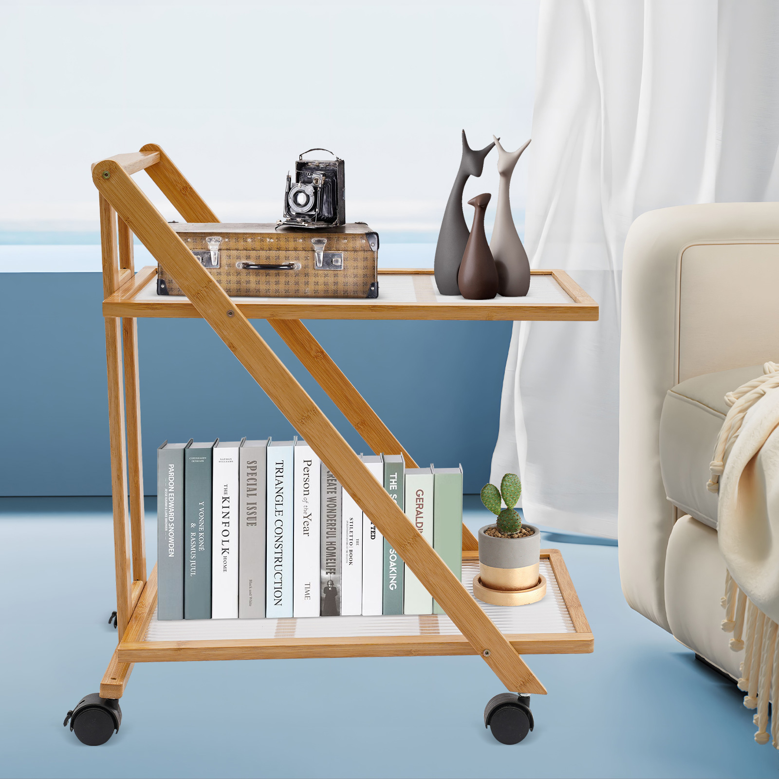 2段式ローリングカート 竹製折りたたみ式収納ラック 静音ホイ - Book Cart Rolling のレビューと価格