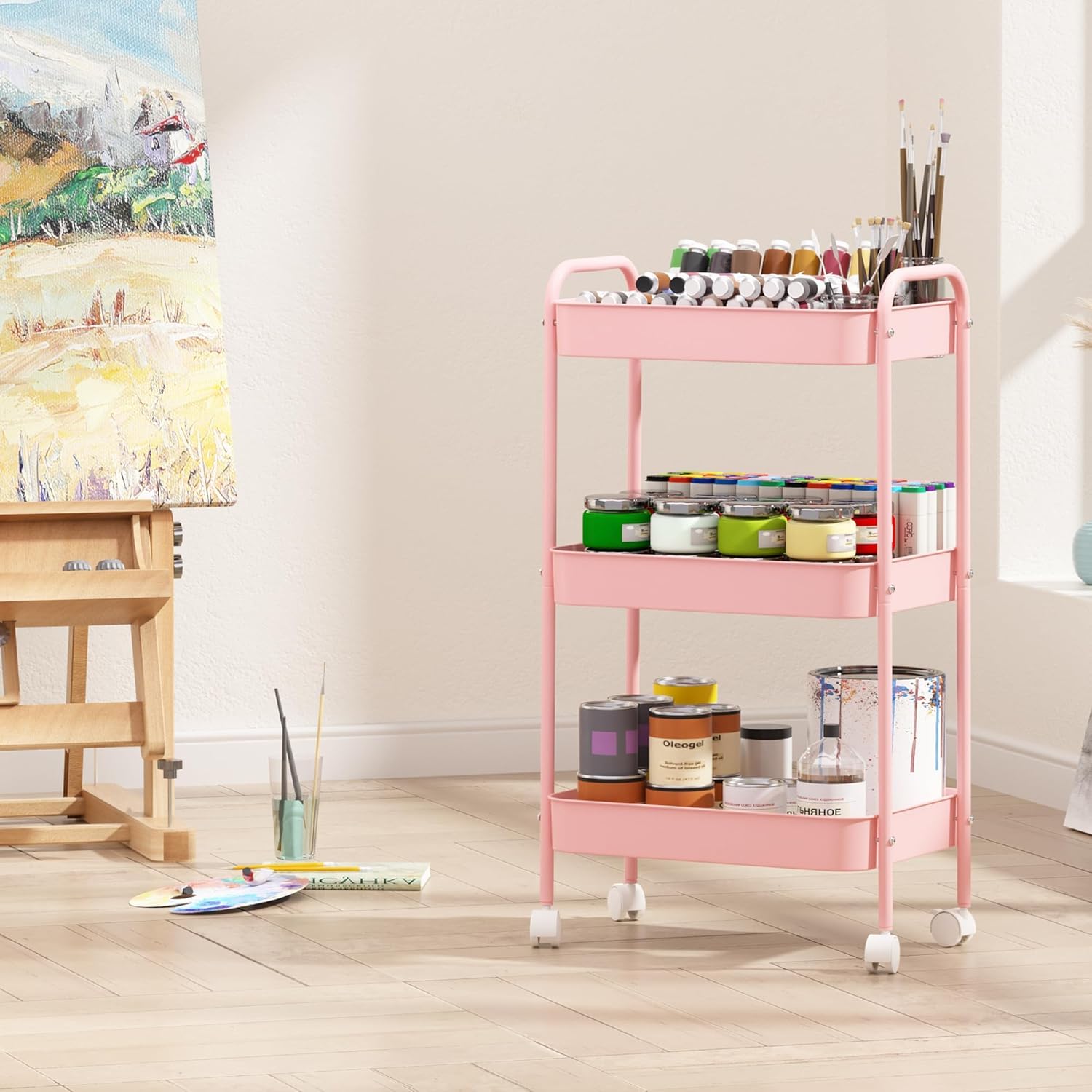 3段式ローリング収納カート、頑丈な金属メッシュオーガナイザー - Book Cart Rolling のレビューと価格